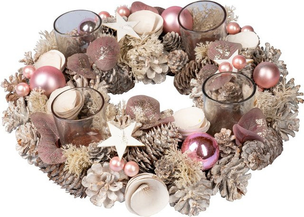 Adventskranz Winterzauber von Viva Domo aus Holz in Weiß, Pink und Multicolour, rund und rustikal für den Tisch