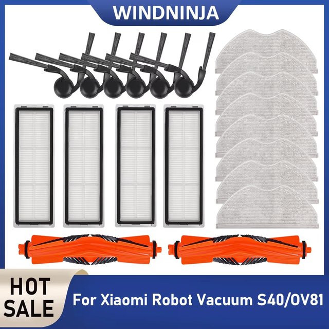 WINDNINJA Ersatzteil-Set für Xiaomi S40/OV81 Roboter-Staubsauger mit Wischtuch, Hepa-Filter, Staubbeutel, Hauptbürste und Seitenbürste aus Kunststoff - Bild 1