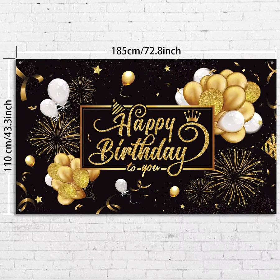 OURFETE Happy Birthday Hintergrundbanner aus Polyester in Schwarz-Gold mit Sternen und Buchstaben, Fotografie-Hintergrund für Geburtstagsfeiern, Breite: 185 cm, Höhe: 110 cm - Bild 4