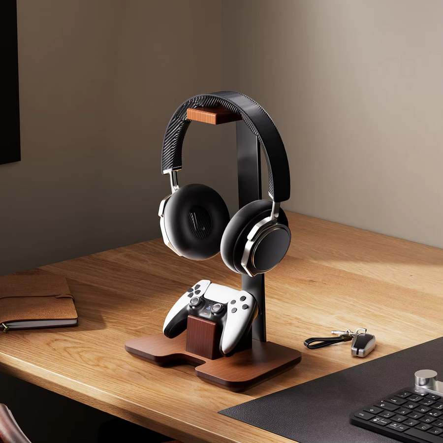 JINSERTA Universal Kopfhörer Ständer und Controller Halter aus Walnuss Holz und Aluminium Legierung in Braun - Bild 6