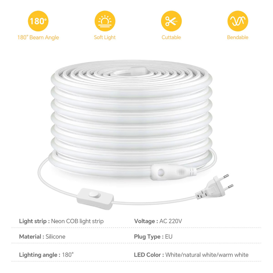 Rybakov Cob-LED-Streifen Neon in Weiß aus Silikon mit EU-Stromversorgungsschalter, wasserdicht, 220 V - Bild 2