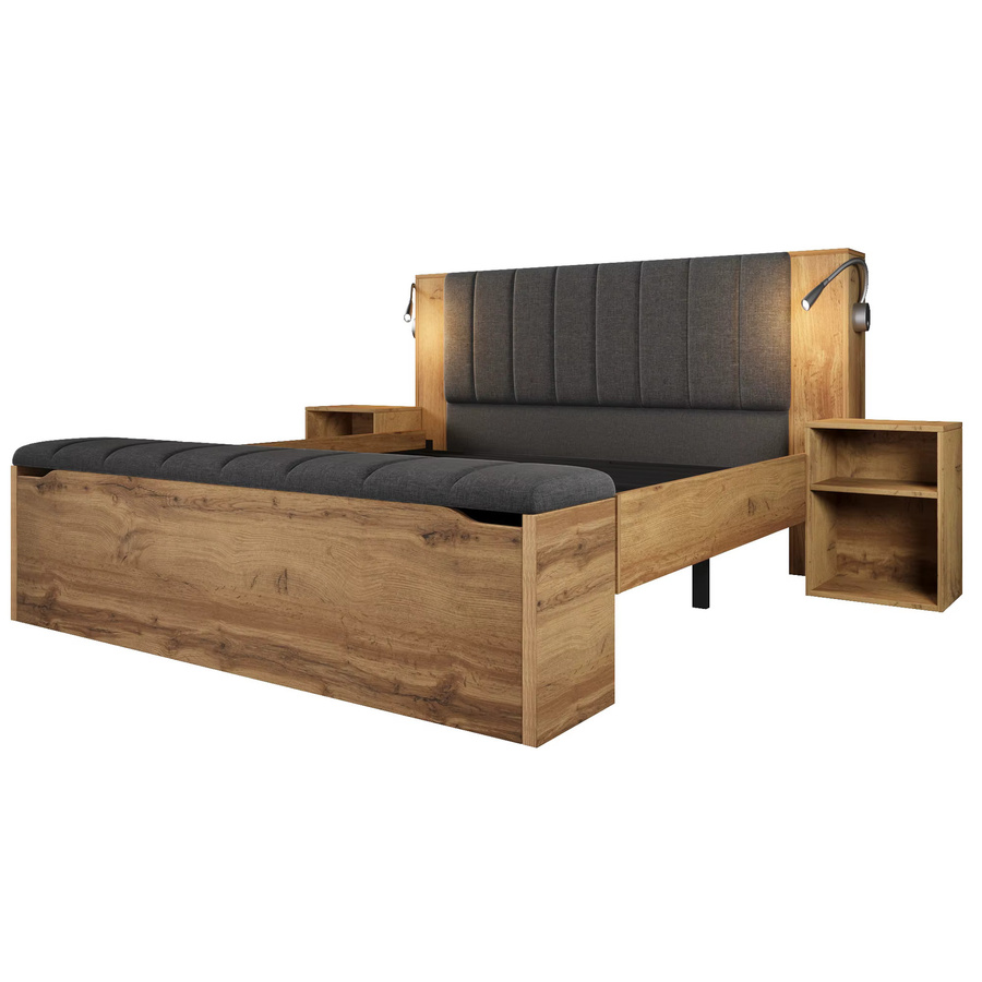 KOMHTOM Doppelbett aus Holz in Eichefarben mit klappbarem Leinen-Kopfteil, integrierten Nachttischen, Bettbank mit Stauraum und USB-Leselampen - Bild 3