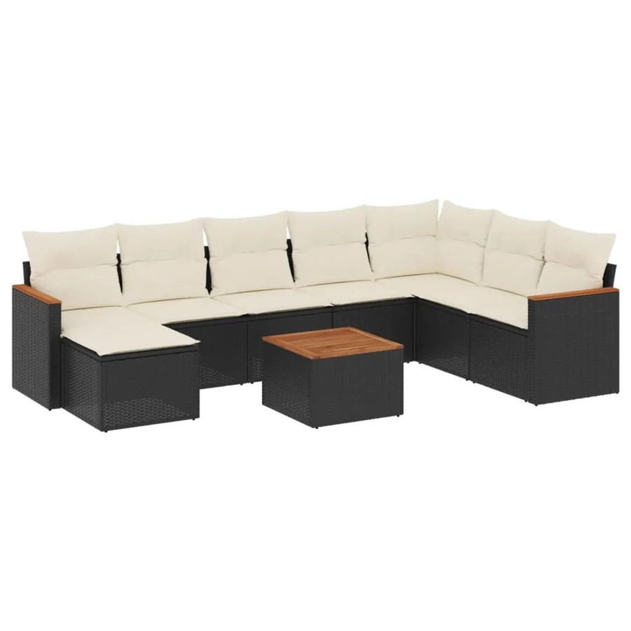 vidaXL 9-teilige Garten-Sofagarnitur aus Poly-Rattan und Akazienholz in Schwarz mit cremeweißen Kissen - Bild 2