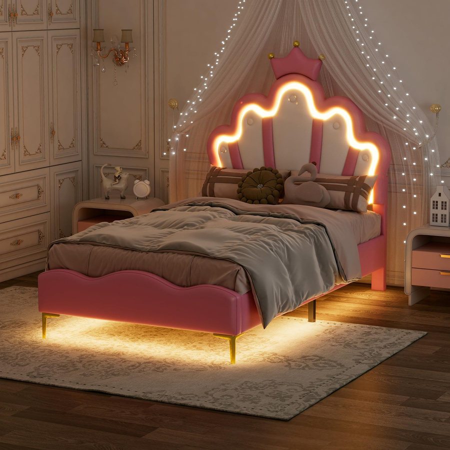 Flieks Prinzessinnenbett Polsterbett mit LED-Farbwechsellicht aus PU-Material in Rosa, B/T/H: 203 x 90 x 129 cm - Bild 2