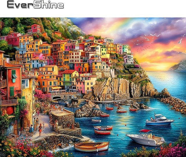 EverShine Diamant-Mosaik Meereslandschaft Stickerei mit Boot und Bergen, Multicolor, B: 30,0 cm, H: 20,0 cm - Bild 1