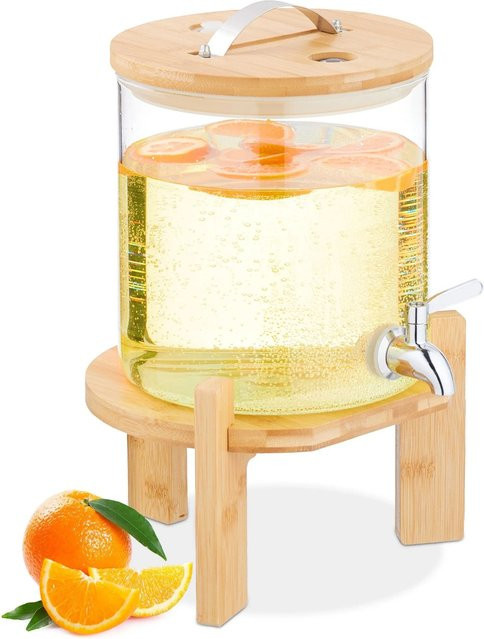 Relaxdays Getränkespender aus Borosilikatglas mit Bambus und Edelstahl in Transparent und Silber inklusive Ständer und Thermometer, B: 36 cm, T: 23,5 cm, H: 30 cm - Bild 1
