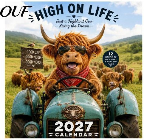 Wandkalender 2027 mit lustigem Hochlandrind von Borderless Boutique, 12-Monats-Planer im rustikalen Bauernhof-Design, mehrfarbig - Bild 1