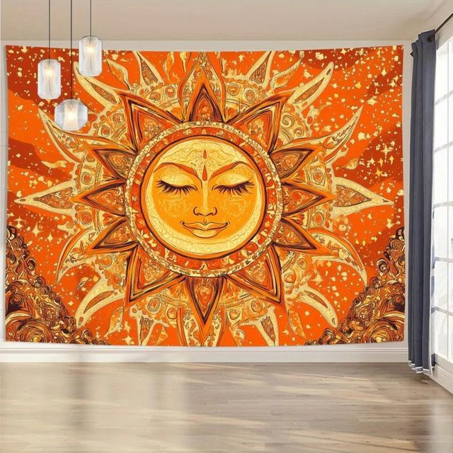 Orange Sonnengott Wandteppich im Boho Mandala Design, abstrakter Wandbehang für Wohnzimmer und Schlafzimmer, Breite: 100 cm, Höhe: 70 cm - Bild 1