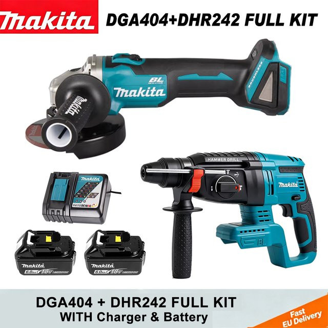 Makita 18V Akku Elektrowerkzeug-Kombi-Set mit Winkelschleifer DGA404, Bohrhammer DHR242, Akku und Ladegerät für Schneiden, Schleifen, Bohren und Meißeln - Bild 1