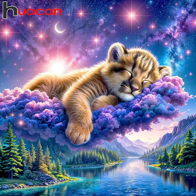 Huacan 5D DIY Diamantstickerei Set Schlafender Tiger Mosaik Kunst Kit Naturlandschaft in Multicolour - Bild 1