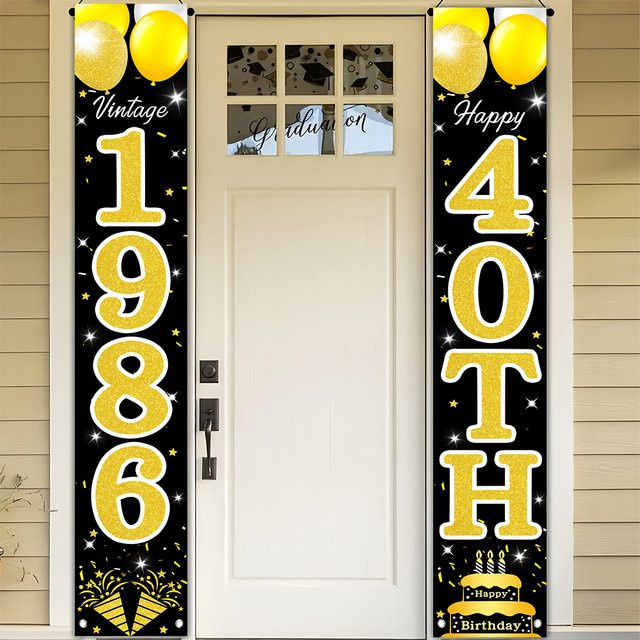 OURFETE Türbanner zum 40. Geburtstag in Schwarz und Gold, Vintage 1986 Dekoration mit Luftballons und Kuchen, Rechteckig, Höhe: 180 cm, Breite: 30 cm - Bild 1
