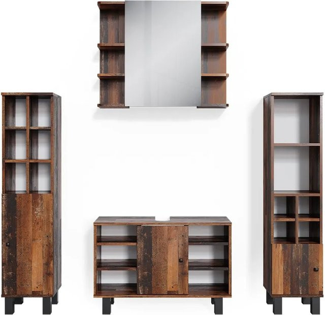 Vicco Badmöbelset Fynn in Eiche Rustikal Braun, bestehend aus Waschtischunterschrank, Spiegelschrank und Midischrank, Breite: 80 cm - Bild 2