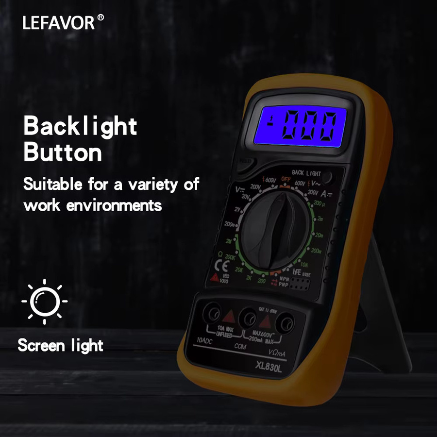 Lefavor XL830L Handheld Digital Multimeter mit LCD Hintergrundbeleuchtung, Tragbares AC/DC Amperemeter Voltmeter und Ohm Spannungstester in Gelb - Bild 6