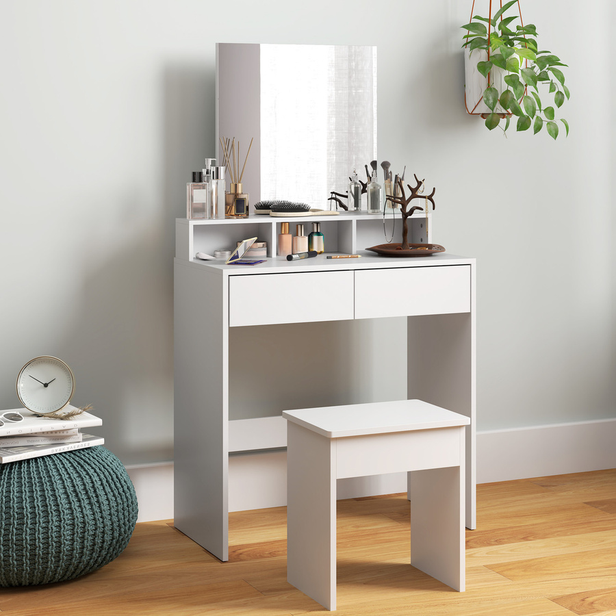 HOMCOM Schminktisch mit Hocker und Spiegel in Weiß, moderner Schminktisch aus Holz mit 3 Regalen und 2 Schubladen für dein Schlafzimmer, B/T/H: 75 x 38 x 135 cm - Bild 2