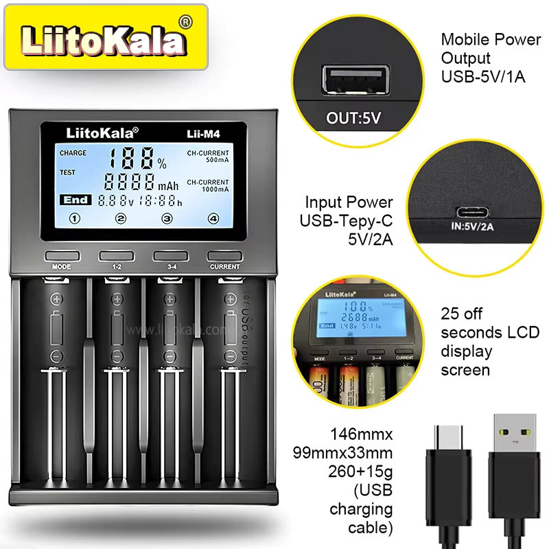LiitoKala Intelligentes Ladegerät Lii-M4S/M4 mit LCD-Display, USB-C-Eingang, Schwarz, für 18650/AA/AAA Batterien - Bild 3