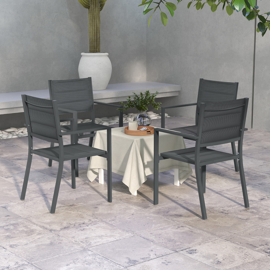 Outsunny 4er Set stapelbare Gartenstühle aus Aluminium und Textilene mit Armlehnen in Grau - Bild 2