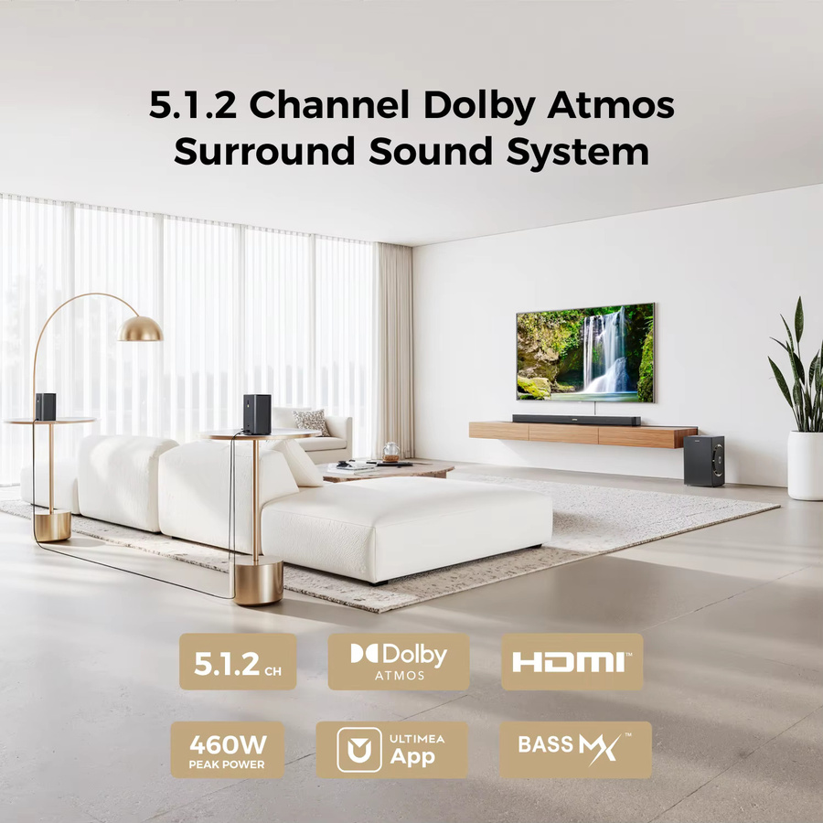 ULTIMEA 460W 5.1.2-Kanal Soundbar mit Dolby Atmos Heimkinosystem in Schwarz mit 2 Surround-Lautsprechern und App-Steuerung - Bild 2