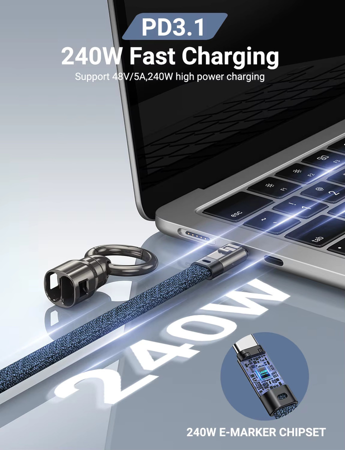 AUFU PD240W USB-C zu USB-C Ladekabel mit Zink-Legierung Kopf und Lanyard, 2 in 1 Schnellladekabel für dein iPhone, Schwarz oder Blau - Bild 2