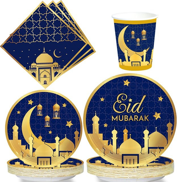 Huiran Einweg Geschirr Set für Ramadan und Eid Mubarak in Blau und Gold mit Tellern, Tassen und Servietten - Bild 1