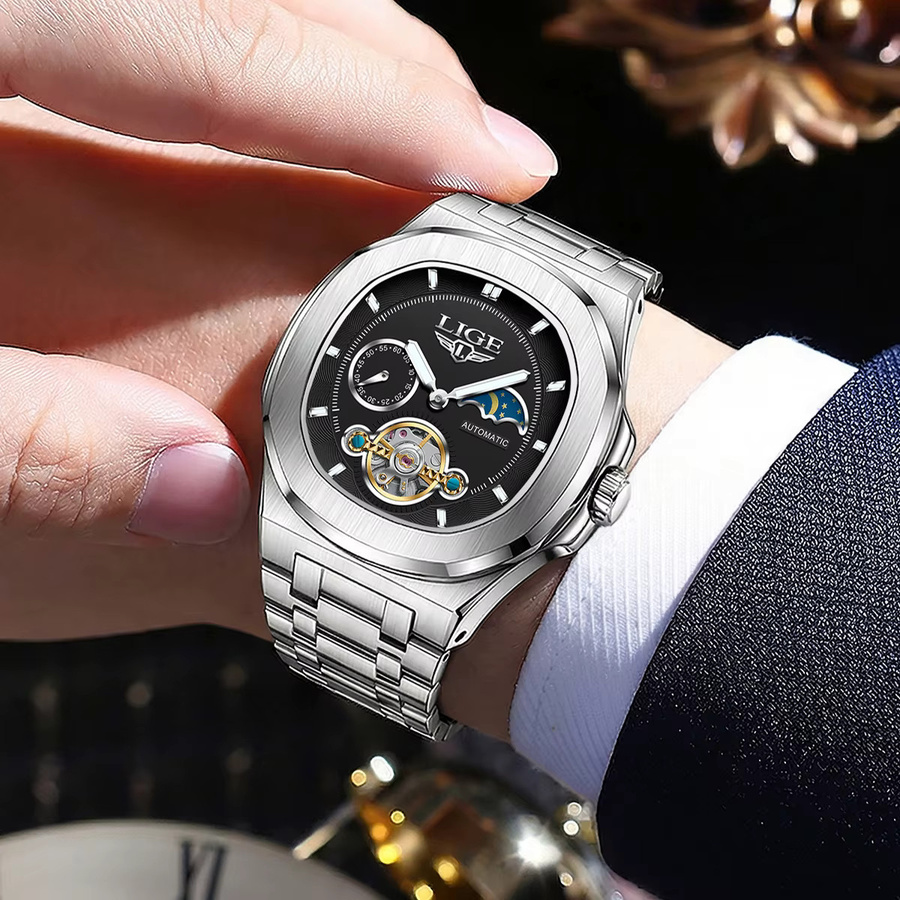 LIGE Armbanduhr Automatik, Mondphase, Edelstahl, Schwarz, Silber, Herren - Bild 5