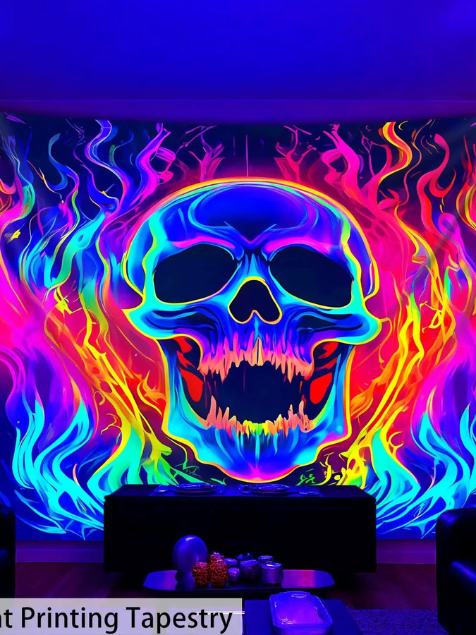 VIKAMA Wandteppich Flaming Skull in Multicolour, Rechteckiger Textiler Wandbehang mit Abstract Skull Design, Breite: 60 cm, Höhe: 40 cm - Bild 2