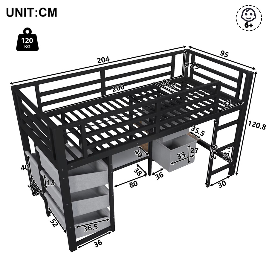 Jugacool Hochbett mit Treppe und LED-Beleuchtung in Schwarz, B/T: 90 x 200 cm - Bild 5