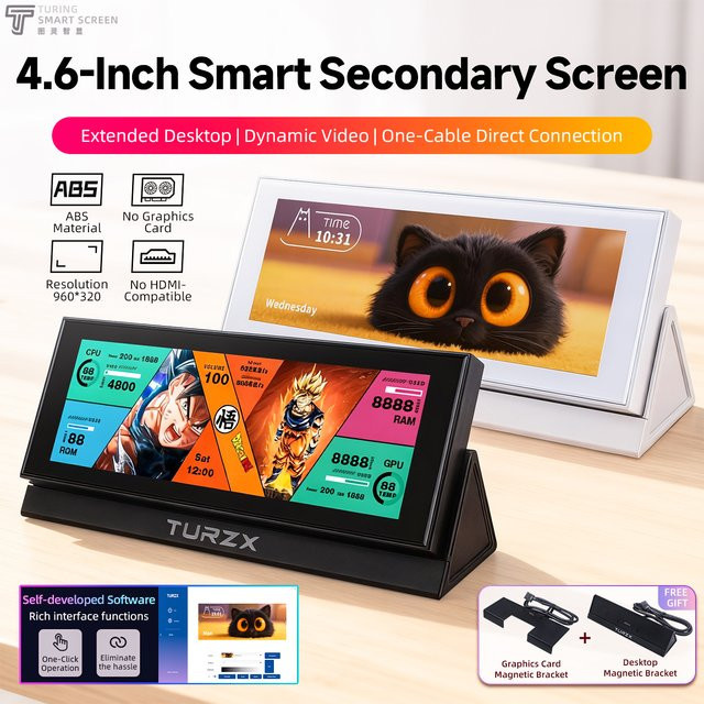 TURZX 4,6 Zoll IPS USB Sekundärbildschirm Smart-Erweiterungsmonitor für CPU GPU RAM in Schwarz mit 960 x 320 Pixeln - Bild 1