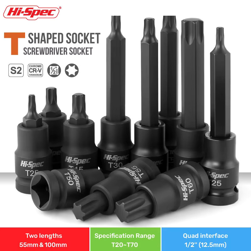 Hi-Spec Professioneller 1/2-Zoll Torx Steckschlüsselsatz mit Schlagschrauber-Adapter und Schraubendreher-Bits aus Chrome Vanadium Stahl in Schwarz - Bild 2
