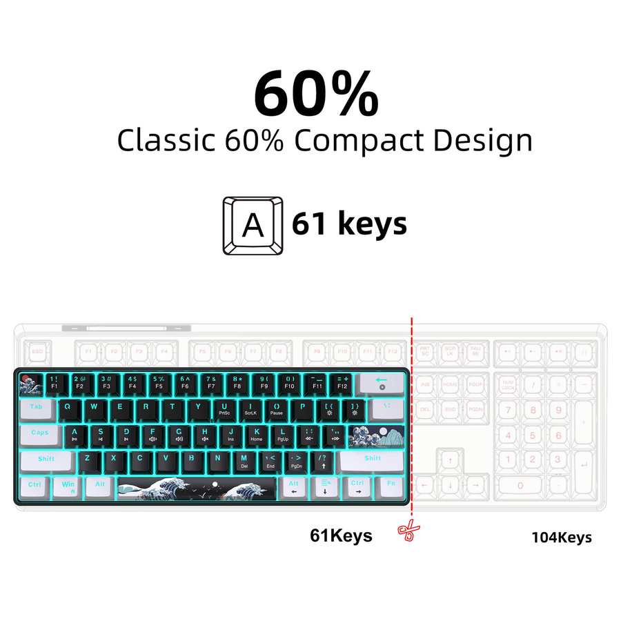 HXSJ Mechanische Gaming-Tastatur 60 % Mini 61-Tasten mit blauen Schaltern und Anti-Ghosting - Bild 4