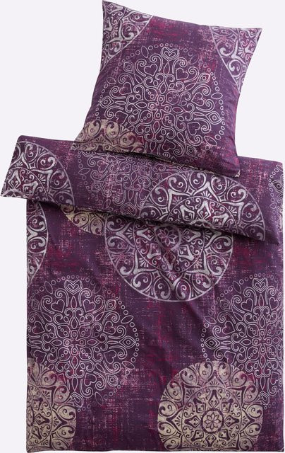 Bettwäsche Heine aus Baumwolle mit Ethno-Grafikdesign in Beige und Purple mit Reißverschluss, Kissenbezug 40 x 80 cm - Bild 1