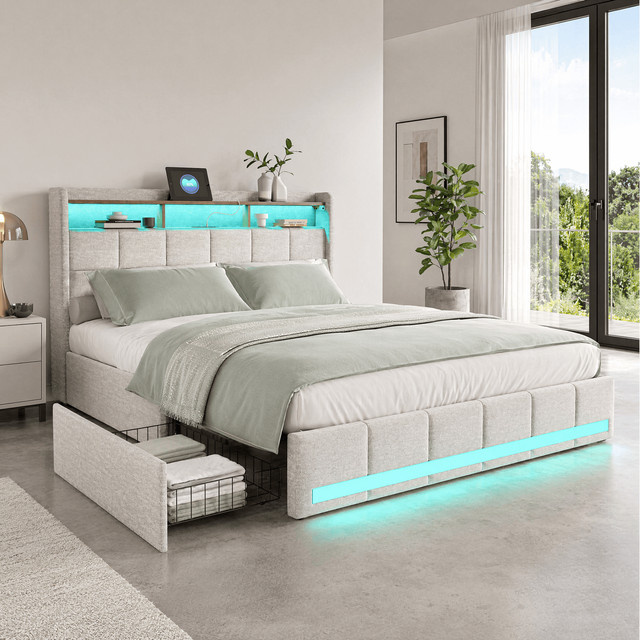 WoodenAura Doppelbett mit 4 Schubladen und LED-Beleuchtung sowie USB-Anschluss, gepolstertes Stauraumbett in Beige, B/T/H: 180 x 200 cm - Bild 1