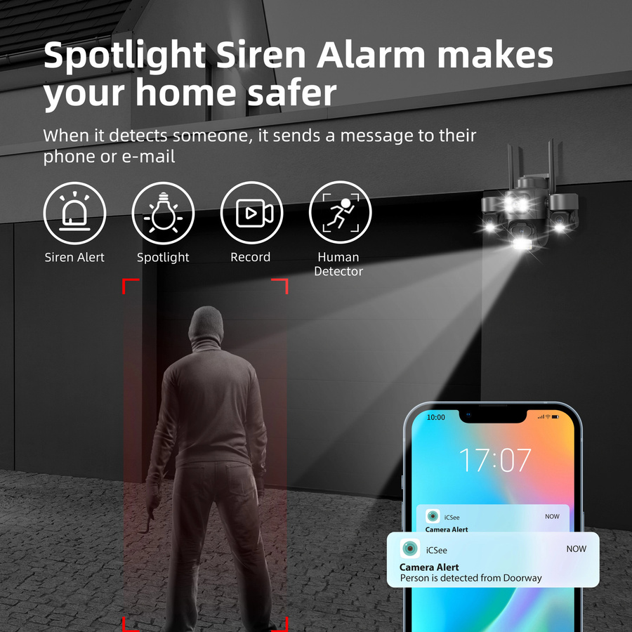DiFang iCsee Outdoor WiFi Überwachungskamera mit drei Objektiven und drei Bildschirmen, PTZ 360° Rotation, Auto Tracking, Wasserdicht, Schwarz - Bild 3