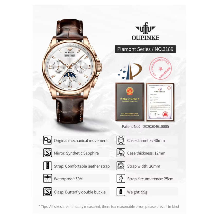 OUPINKE Herrenuhr, Automatik, Edelstahl, Leder, Weiß, 5 ATM, Herren - Bild 5