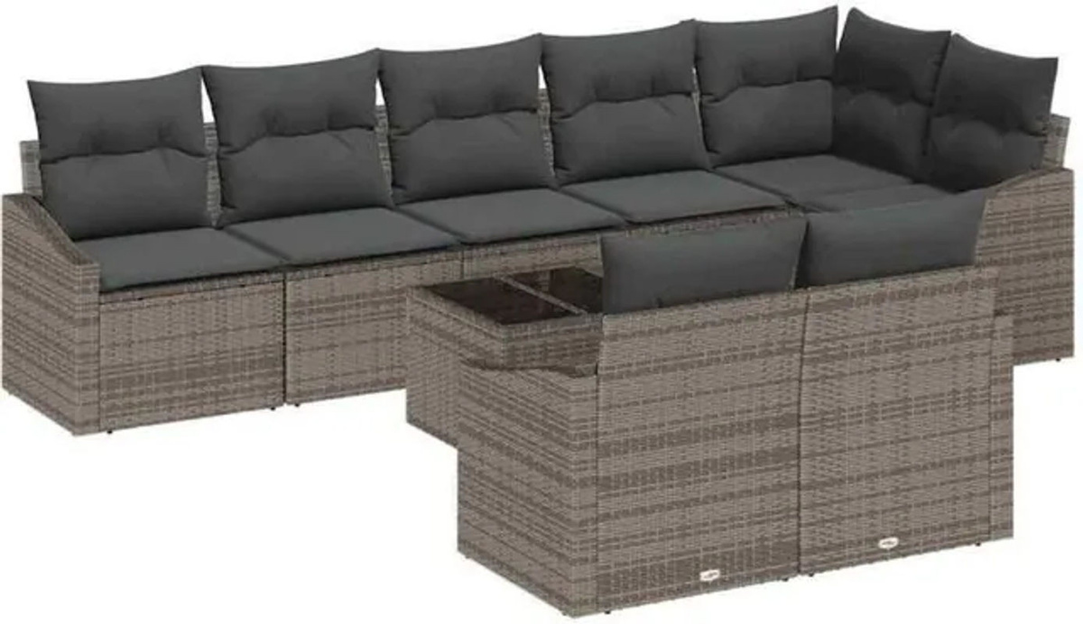 Vidaxl Garten Essgruppe aus Polyrattan mit 9-teiligem Set und Kissen in Grau - Bild 1