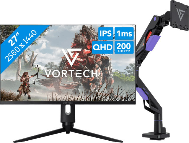 Vortech Pro 27 Zoll QHD Monitor mit Monitorhalterung inklusive Gasfeder in Schwarz mit HDMI und DisplayPort - Bild 1