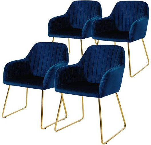 ML-Design Esszimmerstuhl 4er Set mit linierter Steppung, blauer Microfaser-Samtbezug und goldenen Metallbeinen mit Armlehnen - Bild 1