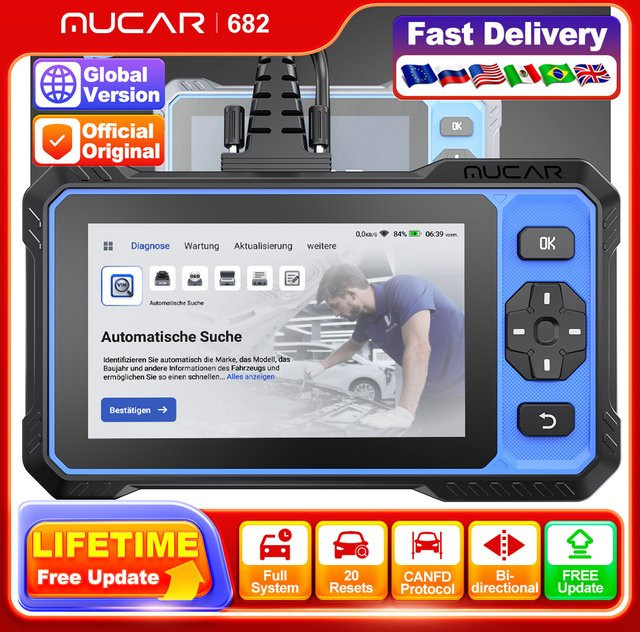 MUCAR 682 Auto OBD2 Scanner in Schwarz mit vollständiger Systemdiagnose, Fehlercodeauslese, bidirektionaler Steuerung und 20 Reset-Funktionen inklusive CANFD-Unterstützung - Bild 1