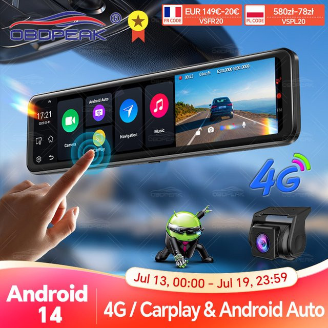 OBDPEAK D90 Smart Rückspiegel Dashcam mit 11,26 Zoll KI-Bildschirm, Android 14, 4G+64G, GPS-Navigation, Carplay und Android Auto, Dual-Linsen Videorekorder in Schwarz - Bild 1