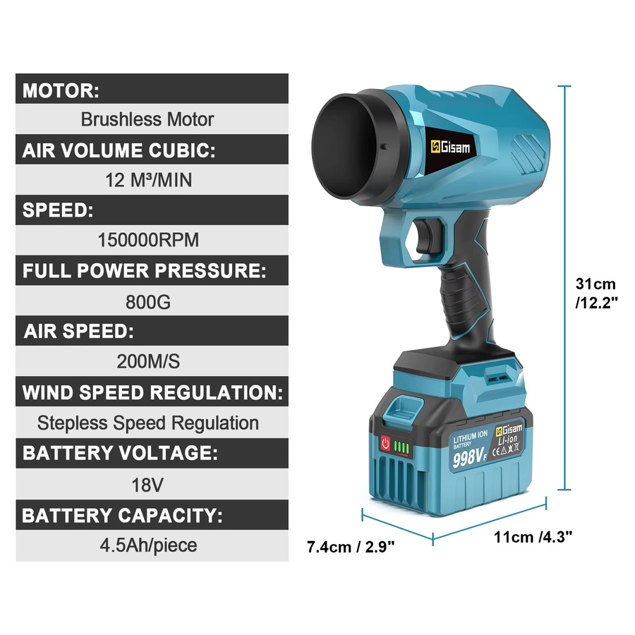 Gisam Bürstenloser Elektrischer Turbo-Gebläse Jet-Lüfter Blau für Makita LXT 18V Akku mit 150000RPM und 200M/S Luftgeschwindigkeit - Bild 5