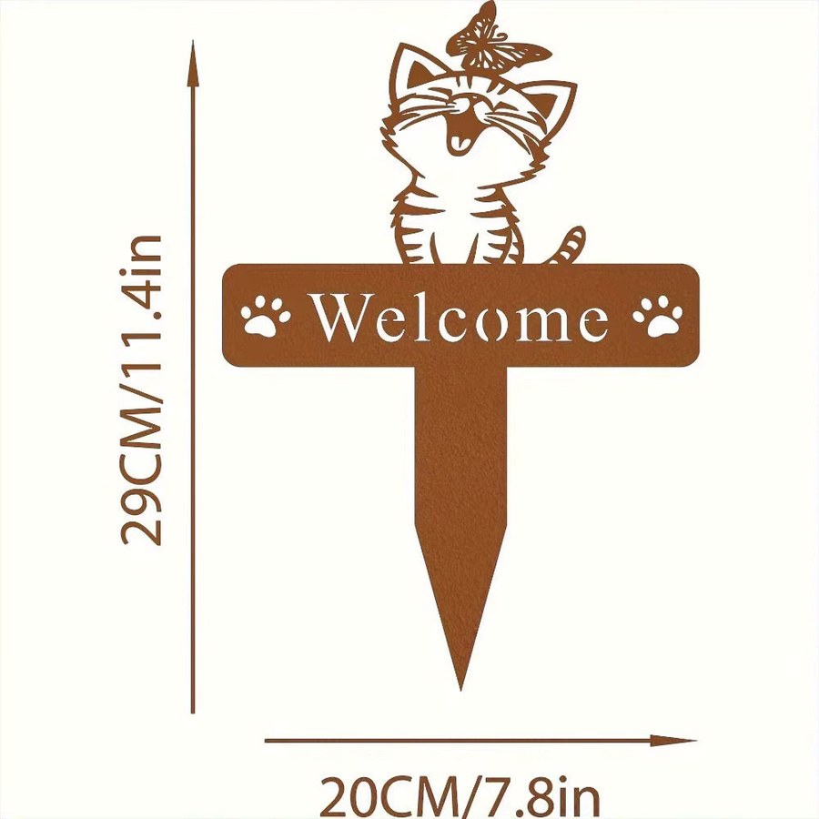 CIFbuy Gartenfigur Katze aus Metall in Braun als Gedenkstück mit Schmetterlings-Design - Bild 1