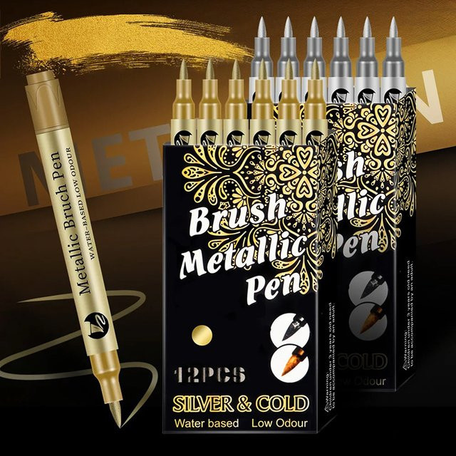 Wasserfester Metall-Bastelstift mit weichem Pinselkopf in Gold und Silber, schnell trocknender DIY-Graffiti-Farbmarker - Bild 1
