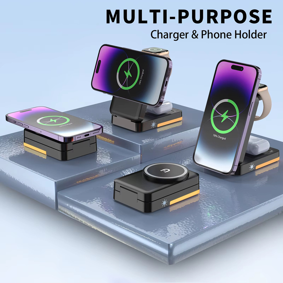 VIKEFON 3-in-1 Faltbare Schnellladestation mit LED-Licht für iPhone, Apple Watch und AirPods in Schwarz - Bild 2