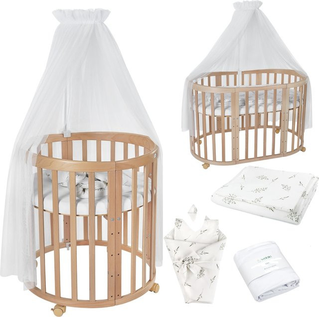 Waldin Babybett OWAL 7in1 Kinderbett aus Buchenholz mit Matratze, mitwachsendes Kinderbett, lackiert - Bild 1