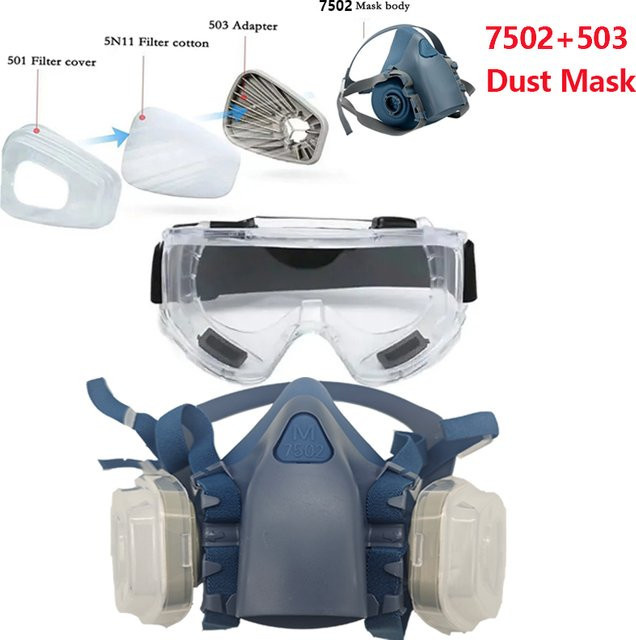 Silikon Halbgesicht-Staubmaske 7502 in Blau mit 503 5N11 Filtern und Baumwoll-Schutzbrille Set für Schleif- und Lackierarbeiten - Bild 1