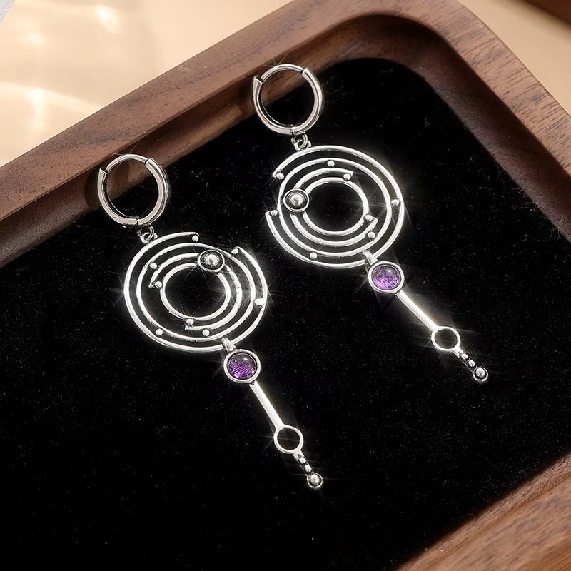 Ohrringe, Silber Farbe, Metall, Geometrische Spirale, Lila Steine, Damen - Bild 3