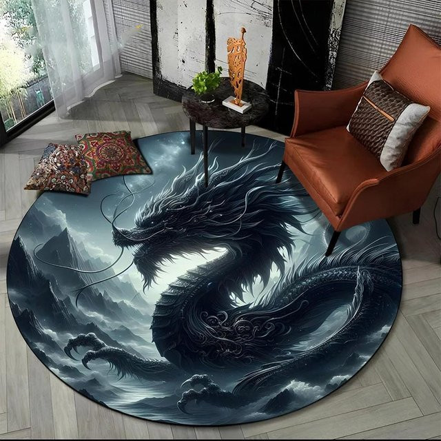 Karpetti Runder Teppich im Chinesischen Stil mit Drachen-Cartoon-Design, Mehrfarbig, Durchmesser: 80 cm - Bild 1