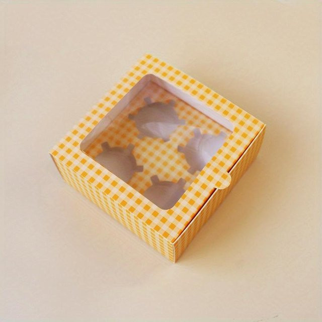 WTEMPO Cupcake Verpackungsbox aus Papier mit kariertem Design, 4-fach Dessertbox für Mousse und Eierkuchen, braun - Bild 1