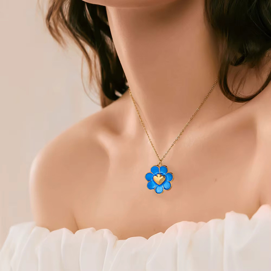 Elomia Anhänger Edelstahl, Dunkelblaue Emaille, Herz- und Blumenform, Gold, Unisex - Bild 2