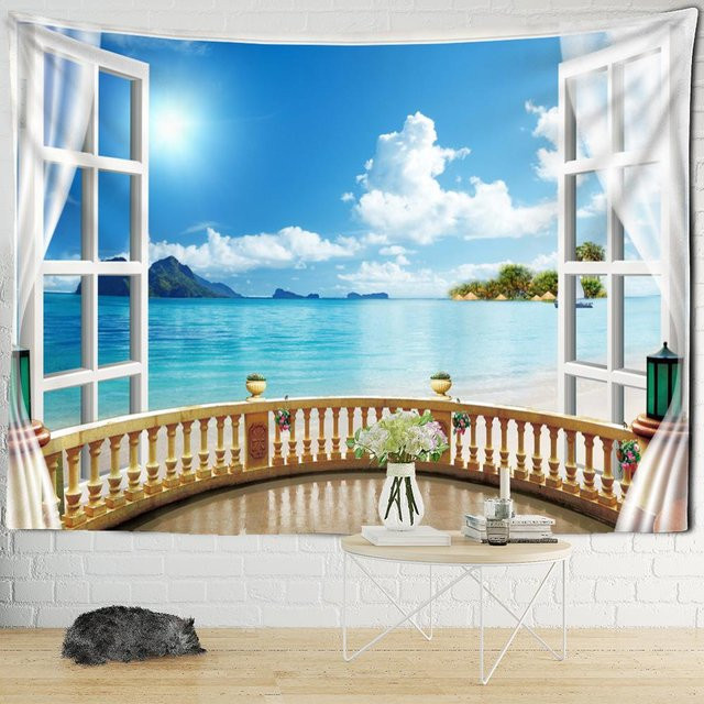 Boho Wandteppich Super Six mit Sonnenuntergang am Meer und psychedelischem Engel, Mehrfarbig, Breite: 150 cm, Höhe: 130 cm - Bild 1