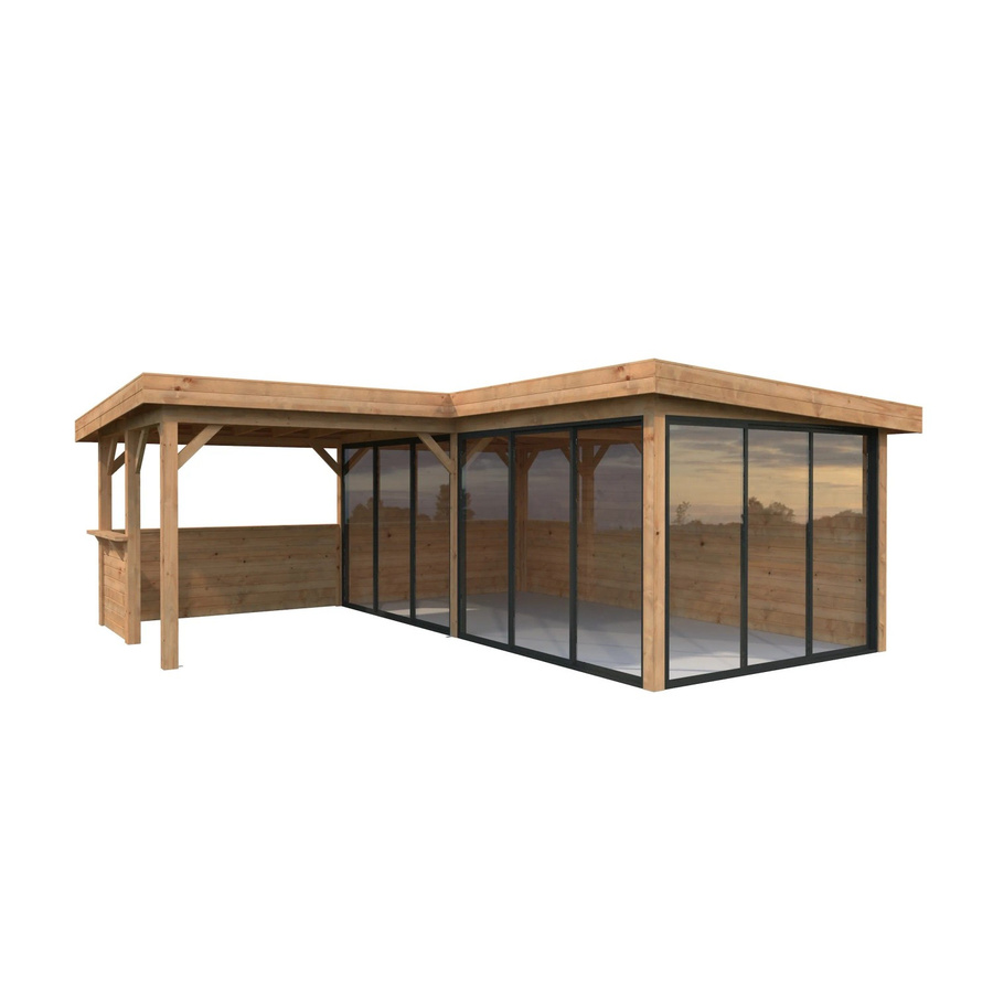 Palmako Pavillon Lenna Set 423 Slide aus Fichtenholz in Braun mit Alu-Schiebetüren und Eck-Tresenanlage, B/T/H: 588 x 588 x 245 cm - Bild 2